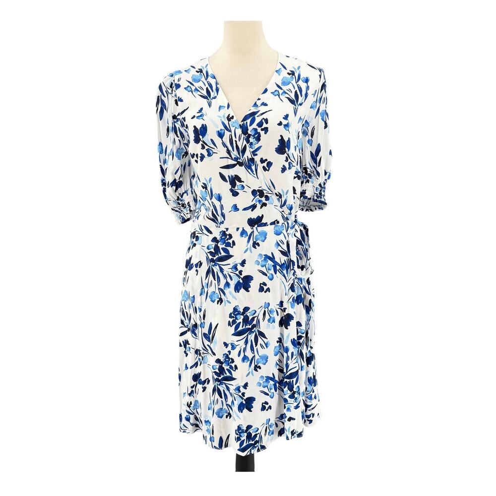 Banana Republic TALL White Blue Short Short Sleeve V-neck Wrap Mini Pretty Dress